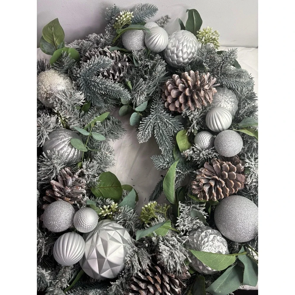 Large frosted  decorated pre lit Artificial Christmas Wreath with Iridescent Orn